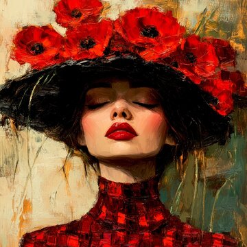 A beautiful woman with a striking hat adorned with red flowers. Vibrant colors and bold strokes create an expressive and artistic portrait. This image captures beauty and elegance. AI
