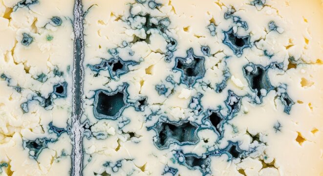 Extreme macro shot of artisan blue cheese showing intricate veins of cerulean mold against creamy white curd with craggy, porous textures, marbled, artisan, food