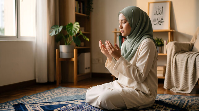 Muslim woman wearing a sage green hijab and beige clothing, sitting on a patterned prayer rug and performing dua with hands raised in a sunlit living room