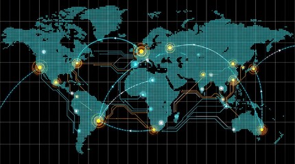 Obraz premium Futuristic Sci-Fi Tactical World Map Digital Geolocation HUD Overlay