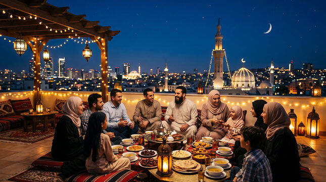 Multi-generational family gathering for iftar dinner on a rooftop terrace at night, with a city skyline, mosque dome, and crescent moon in the background