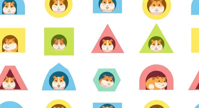 Seamless vector wallpaper showing cheerful hamsters resting in vibrant geometric shelters like circles and squares on a clean background, hamster, triangle, vector
