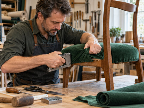 Upholsterer Stapling Green Fabric onto a Wooden Chair