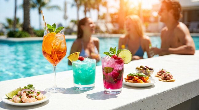 Refreshing summer cocktails and appetizers on pool bar counter, sunny tropical resort setting, people relaxing in background. Summer vacation, luxury travel, hospitality, lifestyle.