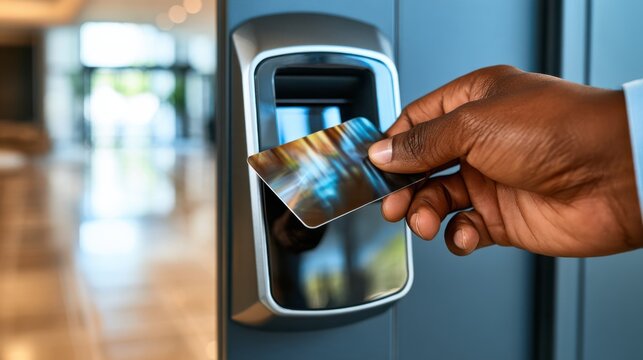 Close-up of hand using ID badge on modern security terminal in a bright corporate lobby. Ideal for security, fintech, and corporate themes.