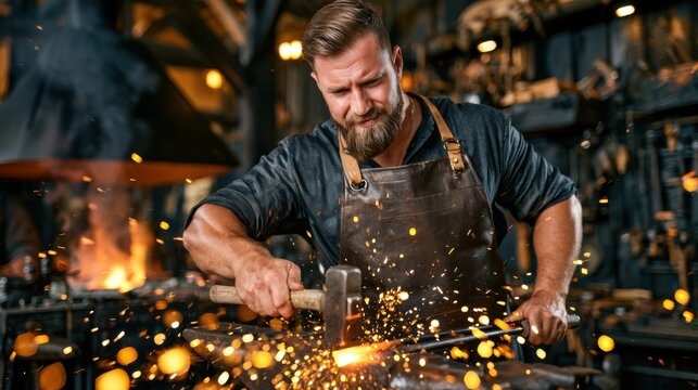 Traditional blacksmith forging hot iron, sparks flying in a rustic workshop. Suitable for showcasing artisanal craftsmanship and heritage trades.