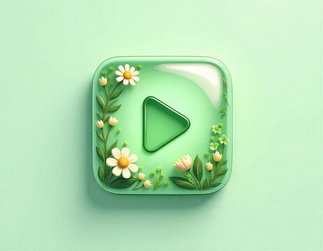 Cute Translucent Green Play Button with Flowers for a Cozy Game Interface