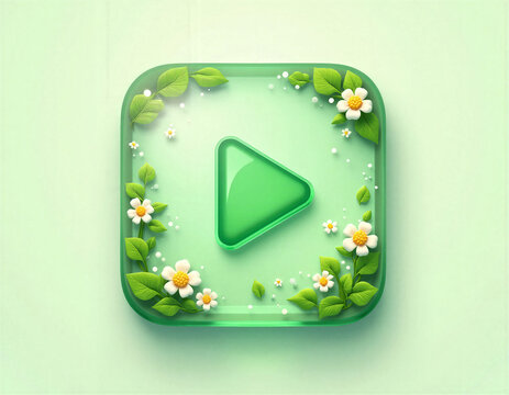 Adorable Glossy Jelly Play Button with Floral Decorations and Soft Green Colors
