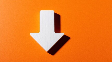 Plakat White wooden arrow points down on bright orange background. Symbol represents business market decline, economic recession, financial loss. Concept of downward trend, decreasing sales, budget