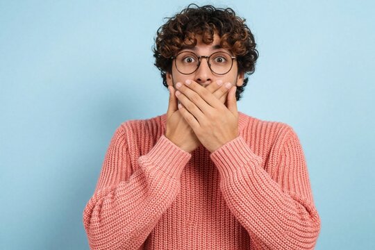Young man with curly hair wears glasses and pink sweater. He covers mouth hands making an expressive shocked or secret gesture against plain blue backdrop.