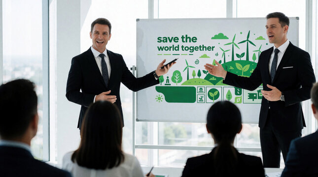 Businessman leader gives presentation on eco friendly implementation in modern office. Male colleagues discuss green energy, sustainable ecology to reduce carbon footprint. Group of professionals