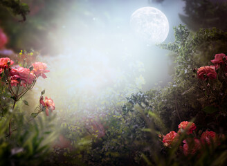 Naklejka premium Fantasy whimsical enchanted fairy forest with rose flowers and moon at mystical night garden, fairytale magical landscape, mysterious background with whimsy wood and empty copy space.