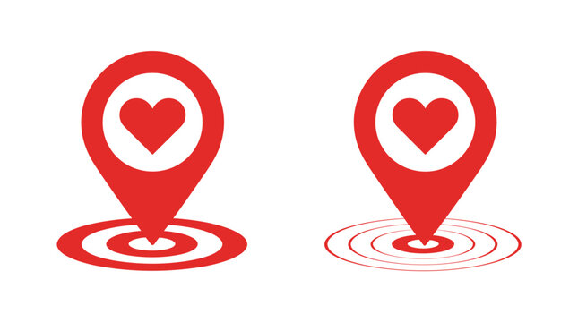 Location of Love. Two red map pins, each containing a heart icon, mark a location on a target and a concentric circle pattern, symbolizing finding love or a special place.