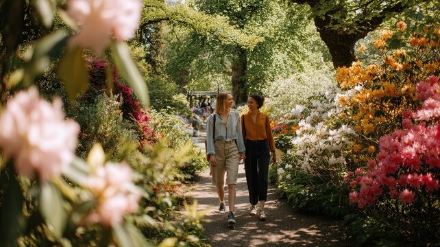 Friendship and wellness two women walking together through a blooming botanical garden during spring for outdoor leisure and mental health relaxation