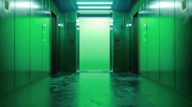 Corporate transition and career advancement open elevator doors in a modern office hallway with bright green light and mysterious atmosphere