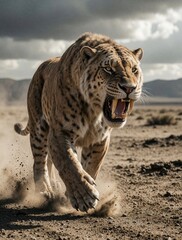 Obraz premium Fierce prehistoric smilodon predator runs through dry desert wasteland. Large saber tooth tiger with open jaws attacks across barren landscape. Massive extinct wildcat with spotted fur shows