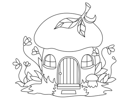 Mushroom house&mdash;a cute, fairytale home made from a mushroom, surrounded by flowers&mdash;presented as a vector line drawing for coloring. Outline. A fairytale mushroom house with windows and a door, designed