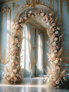 Elegant floral wedding arch with pink roses, pampas grass in luxury palace hall. Beautiful flower decoration for marriage ceremony maternity photo shoot. Gold rococo interior with blue walls, large