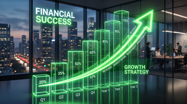 Transparent green glass bar chart with glowing upward arrow depicting financial success and corporate growth strategy