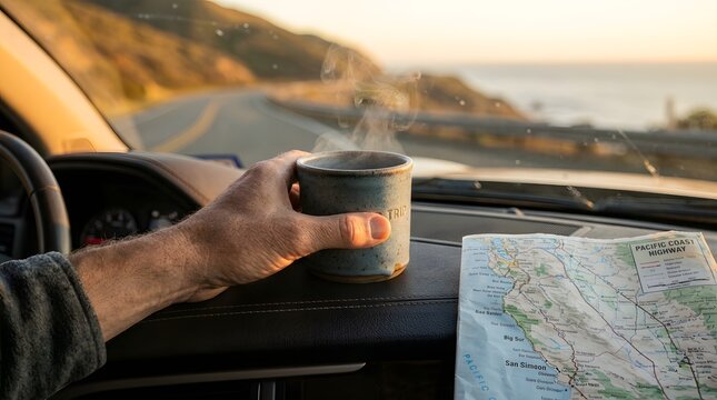 Hand holding a steaming coffee mug while driving along a scenic coastal road trip with a paper map on the dashboard