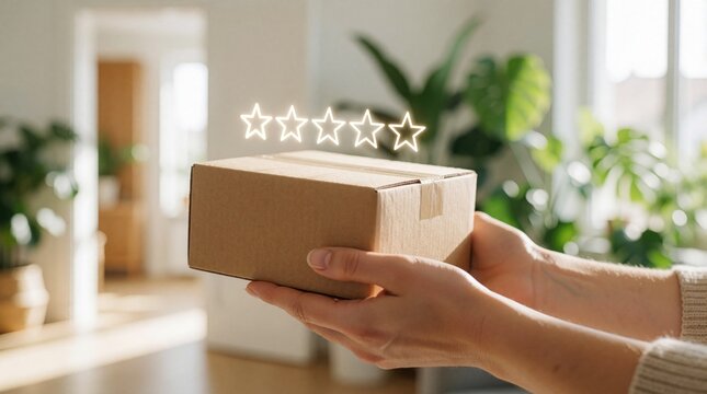 Female hands hold cardboard delivery box with five star rating overlay. Happy customer gives positive feedback for online shopping service. Package parcel arrives at home with excellent quality.