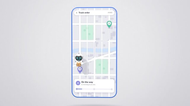 Delivery tracking app on smartphone with robot courier following map route to delivered status