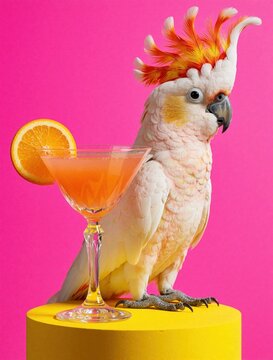 White cockatoo with bright orange mohawk sits on yellow podium. Exotic parrot stays next to orange cocktail glass with citrus slice. Colorful bird, summer drink create fun tropical party vibe on pink