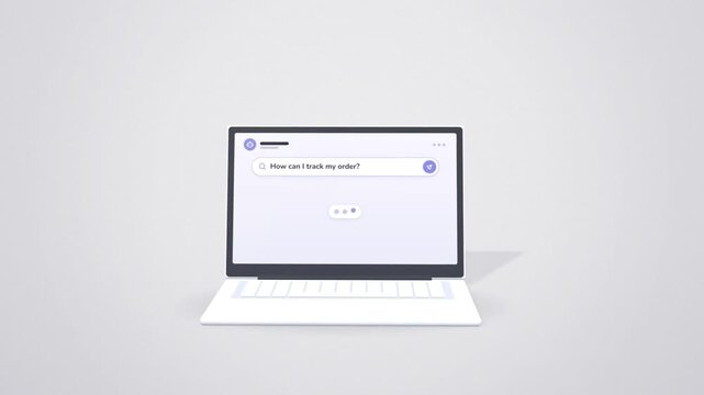 AI chatbot answering order tracking question on laptop screen with friendly robot assistant
