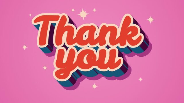 Retro Thank you script lettering animation with 3D shadow and twinkling stars on pink background