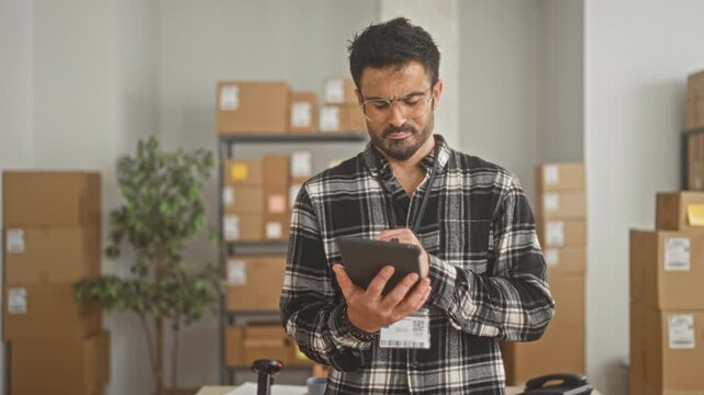 Man taps tablet while checking small business parcels and boxes, using hands to navigate inventory and barcode scanner on desk in a building; focused entrepreneurship.