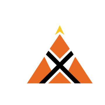 Abstract geometric logo with orange triangles and black cross