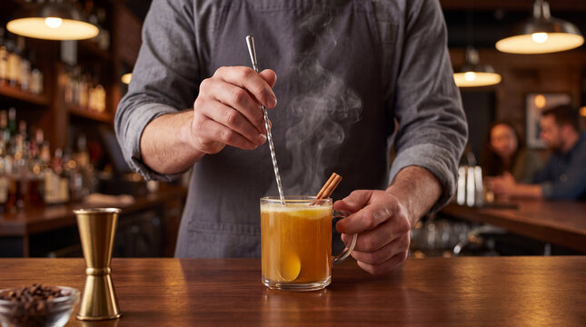 Hot buttered rum cocktail being stirred by bartender in a steaming glass mug