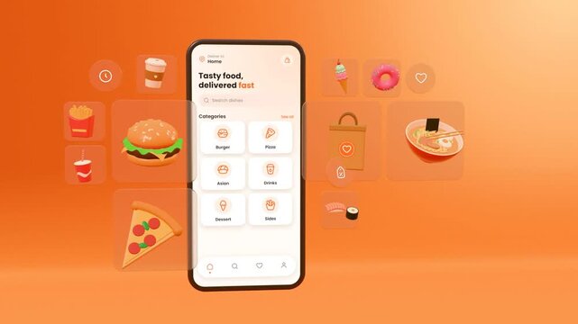 Food delivery app on smartphone with burger, pizza icons and courier tracking map to delivered order