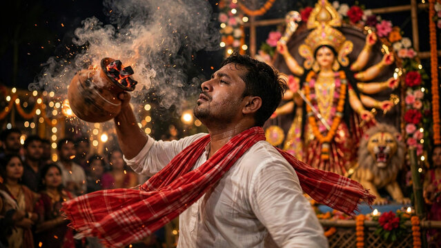 Man performing traditional Dhunuchi dance with burning incense pot during Durga Puja festival at night in front of goddess Durga idol