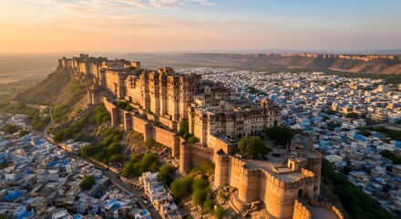 Obraz premium Aerial view of Mehrangarh Fort overlooking the blue city of Jodhpur at sunset