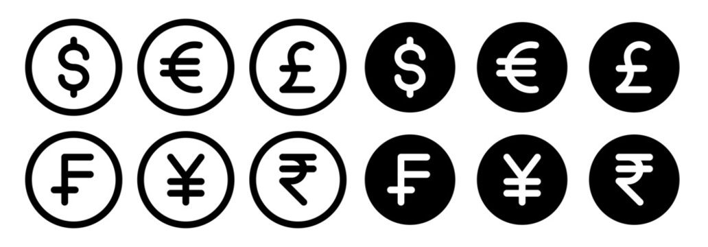 Currency icon set featuring dollar, euro, pound, Swiss franc, yen and rupee symbols in outline and solid styles for finance, banking, payment, exchange, fintech and business