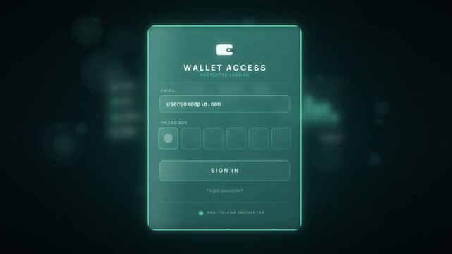 Digital wallet login with password entry revealing account balance dashboard and weekly bar chart