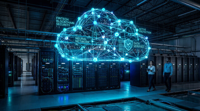 Digital cloud computing network overlay in high tech server room, two engineers walking through data center aisle, neural network and cybersecurity concept.