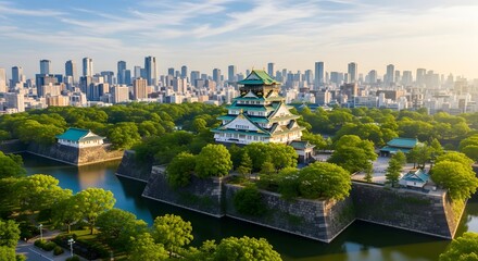 Obraz premium Osaka Castle and surrounding park with modern city skyline in the background