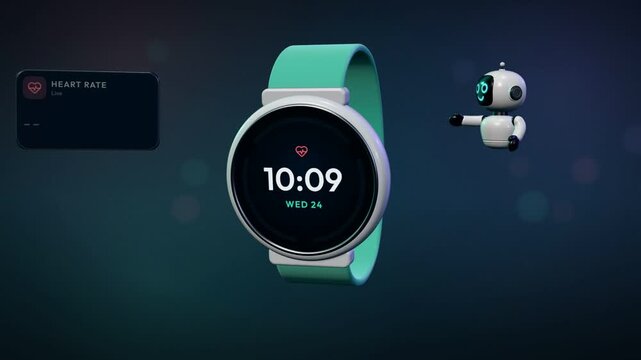 Smartwatch health tracking heart rate, steps and sleep data with friendly robot assistant
