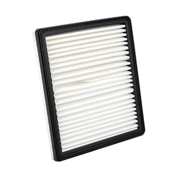 Automotive engine air filter replacement part with white paper pleats and black rubber frame isolated on transparent background