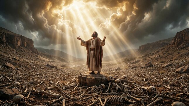 Prophet Ezekiel stands among many human skeletons in dry desert valley. Divine light beams from heaven sky onto man with arms outstretched. Biblical miracle shows resurrection, spiritual hope in