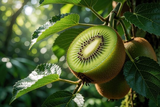 Fresh ripe kiwi fruit grows on tree branch in rich green forest. Close up of sliced kiwi showing juicy green pulp, black seeds. Organic tropical fruit hangs among leaves in sunny garden for healthy