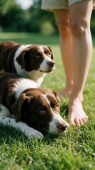 Plakat Barefoot person stands on green grass next to two brown, white dogs. Loyal pets lie on lawn in sunny backyard. Calm animal companions enjoy summer day outdoors with owner in garden park. Peaceful