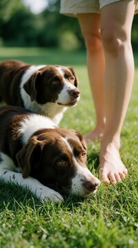 Barefoot person stands on green grass next to two brown, white dogs. Loyal pets lie on lawn in sunny backyard. Calm animal companions enjoy summer day outdoors with owner in garden park. Peaceful