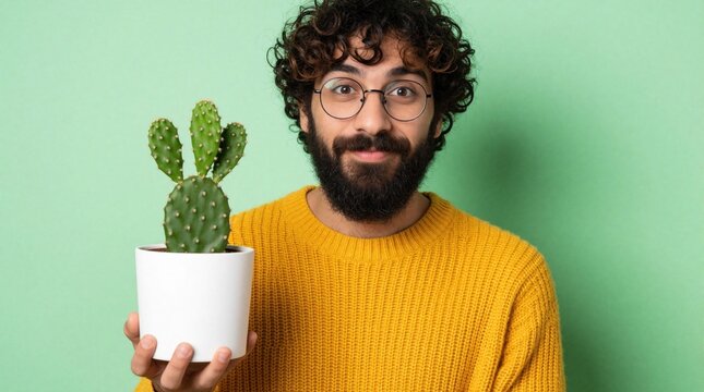 Young bearded man with glasses holds green cactus in white pot. Funny guy wearing yellow sweater shows houseplant against mint background. Silly male person poses with succulent plant for home decor