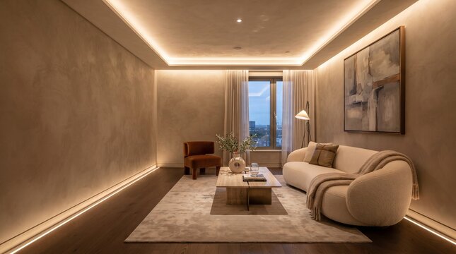 Lime-wash or Venetian plaster in warm greige, with a recessed cove at the ceiling and a slim groove at the floor. Light grazes the texture from above and below, which brings out the plaster's depth. I