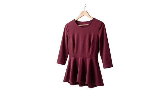 Burgundy peplum blouse on wooden hanger, maroon long sleeve top with flared waist, elegant wine red female apparel isolated on white background
