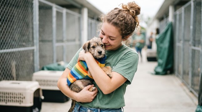 A young woman smiles while holding a terrier puppy in a striped sweater at an outdoor animal rescue
