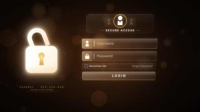 Secure login interface with glowing padlock as credentials are entered and identity is confirmed